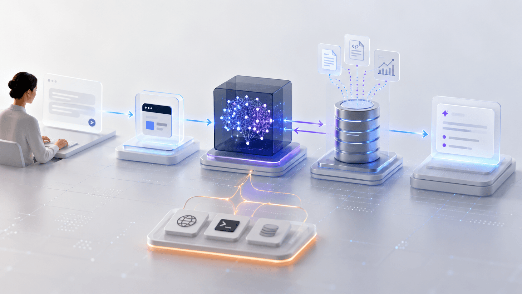 A conceptual view of an AI system connecting an application, AI model, data, context, tools, and outputs.